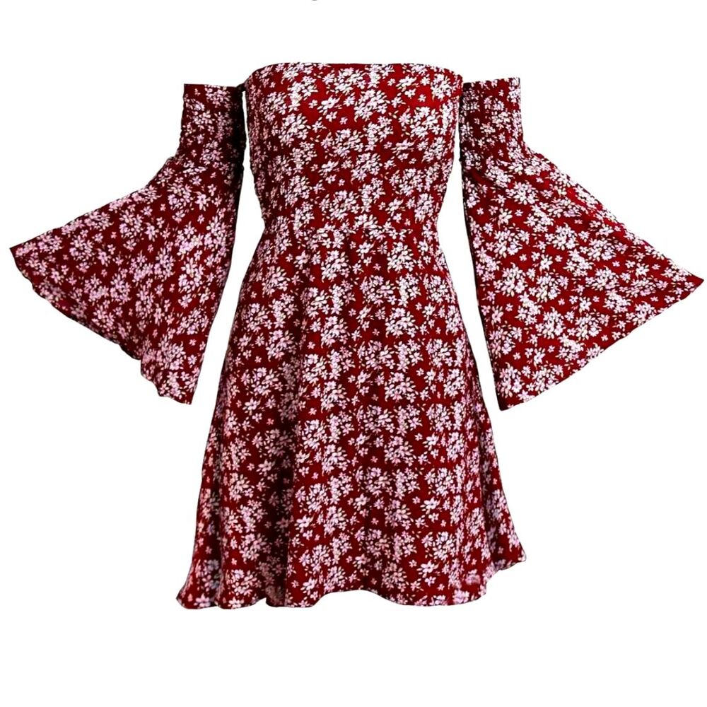 ONEYIM Burgundy Floral Print Long Sleeve Off The Shoulder Summer Dress